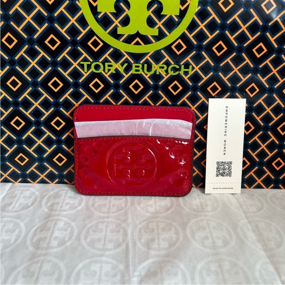Tory Burch T Monogram Puffy Patent Embossed Card Case Tory Red - Picture 1 of 6